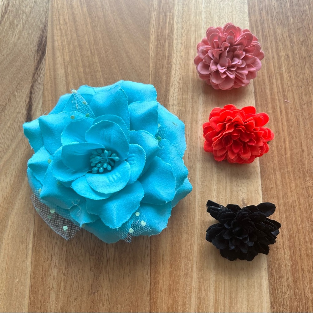 Fabric flower hair clips brooch bundle, one large handmade plus small trio